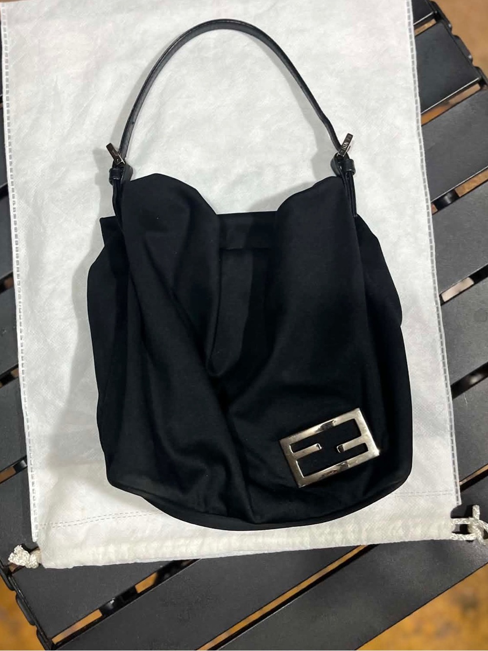 Vintage Fendi Black Nylon Mini Baguette Shoulder Bag FF Buckle Made Italy